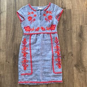 Boden Bea Linen Dress Chambray with red embroidered details size 2R